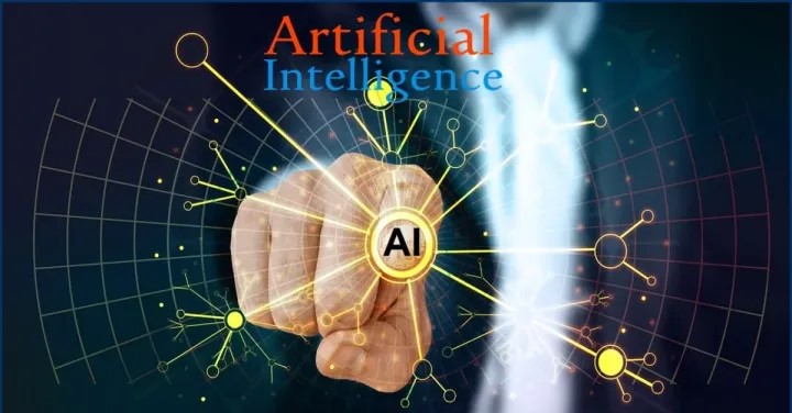 Artificial Intelligence concept showing AI symbol and human-like power of technology explained in simple words.